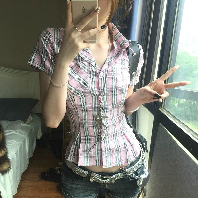 American Checkered Short Sleeve Shirt Summer Slim Fit Preppy College Style Top