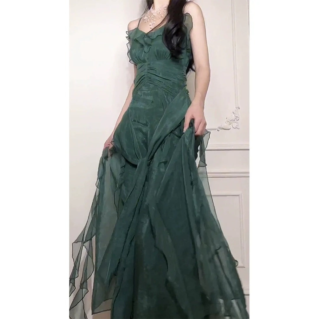Green Design Patchwork Ruffle Spaghetti Strap Gown Dress
