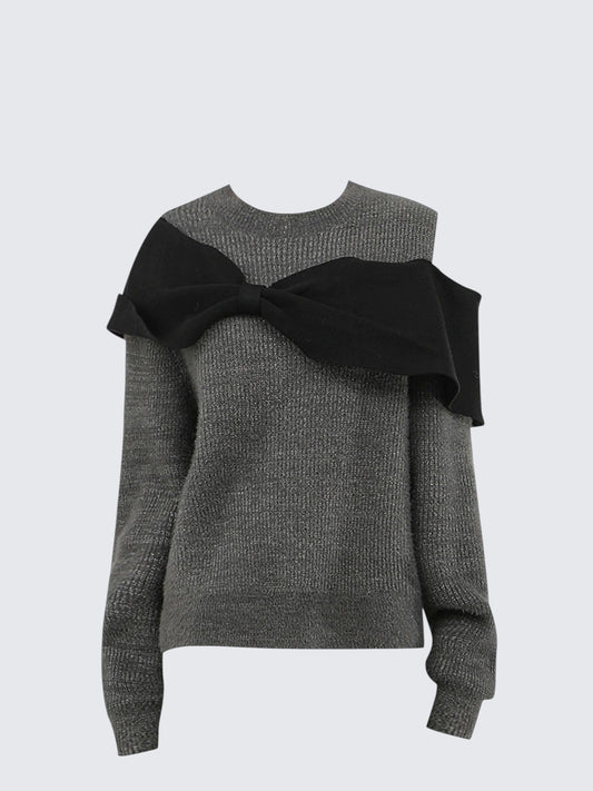 Korean Gray Bow Shoulder Knit