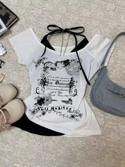 Black White Color Block Fake Two-Piece Halter Y2K T-Shirt