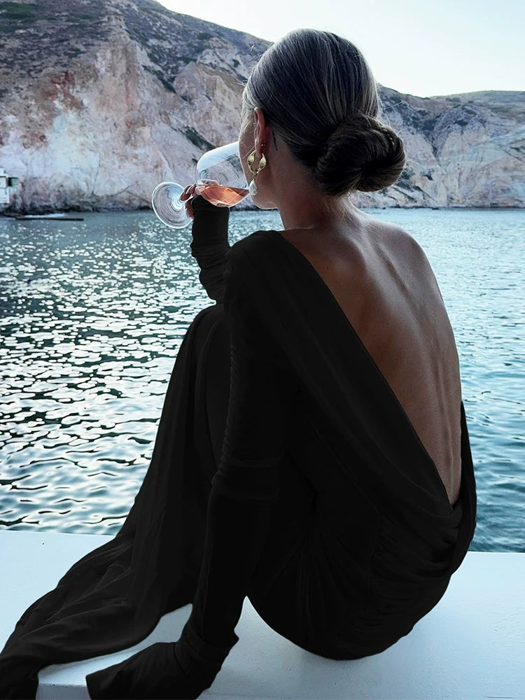 Western Edgy Style Solid-Color Plunging Back Floor-Length Bodycon Dress