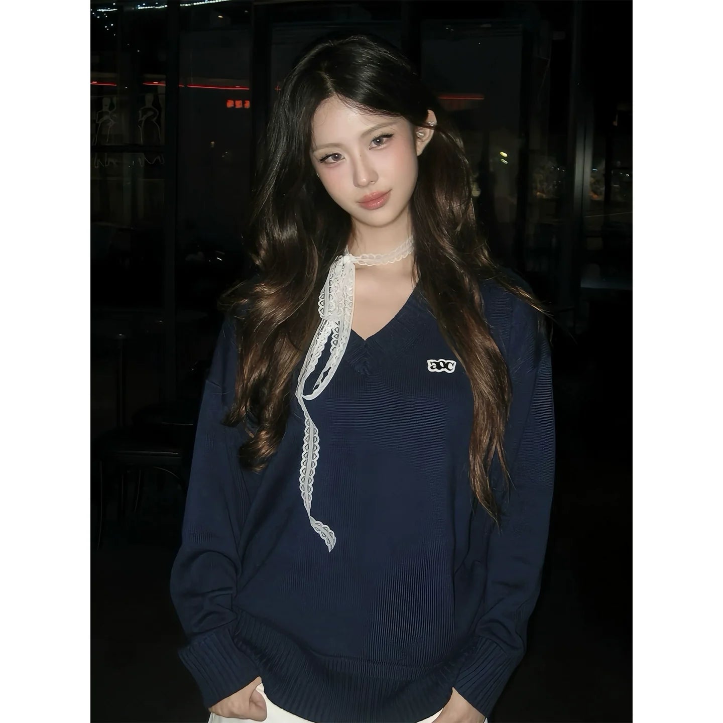 Korean V-Neck Knit Sweater Early Autumn Vintage Lazy Style Pullover Loose Fit