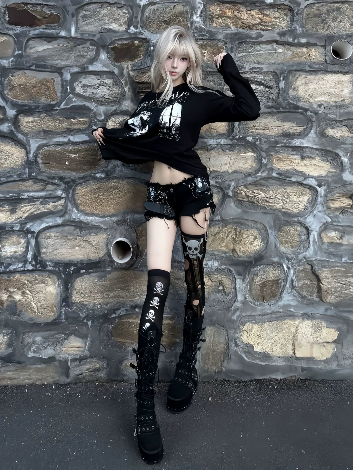 Punk Visual Kei Sheer Snowflake Henley Long Sleeve Layered Top