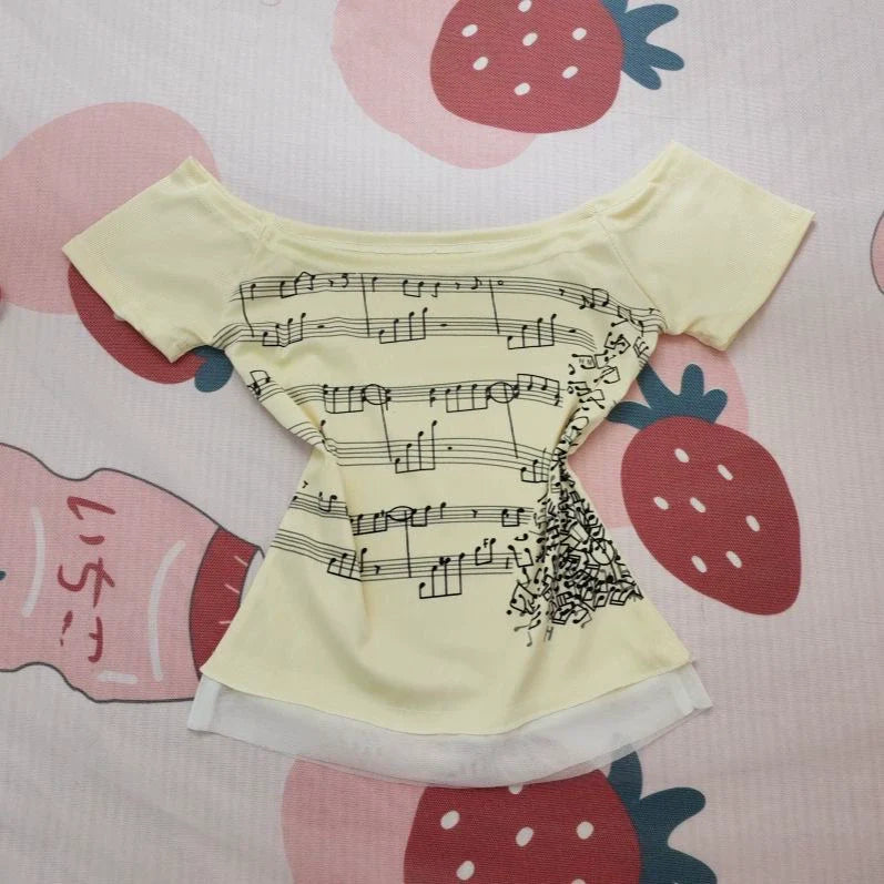 Apricot Vintage Off-The-Shoulder Print Y2K T-Shirt