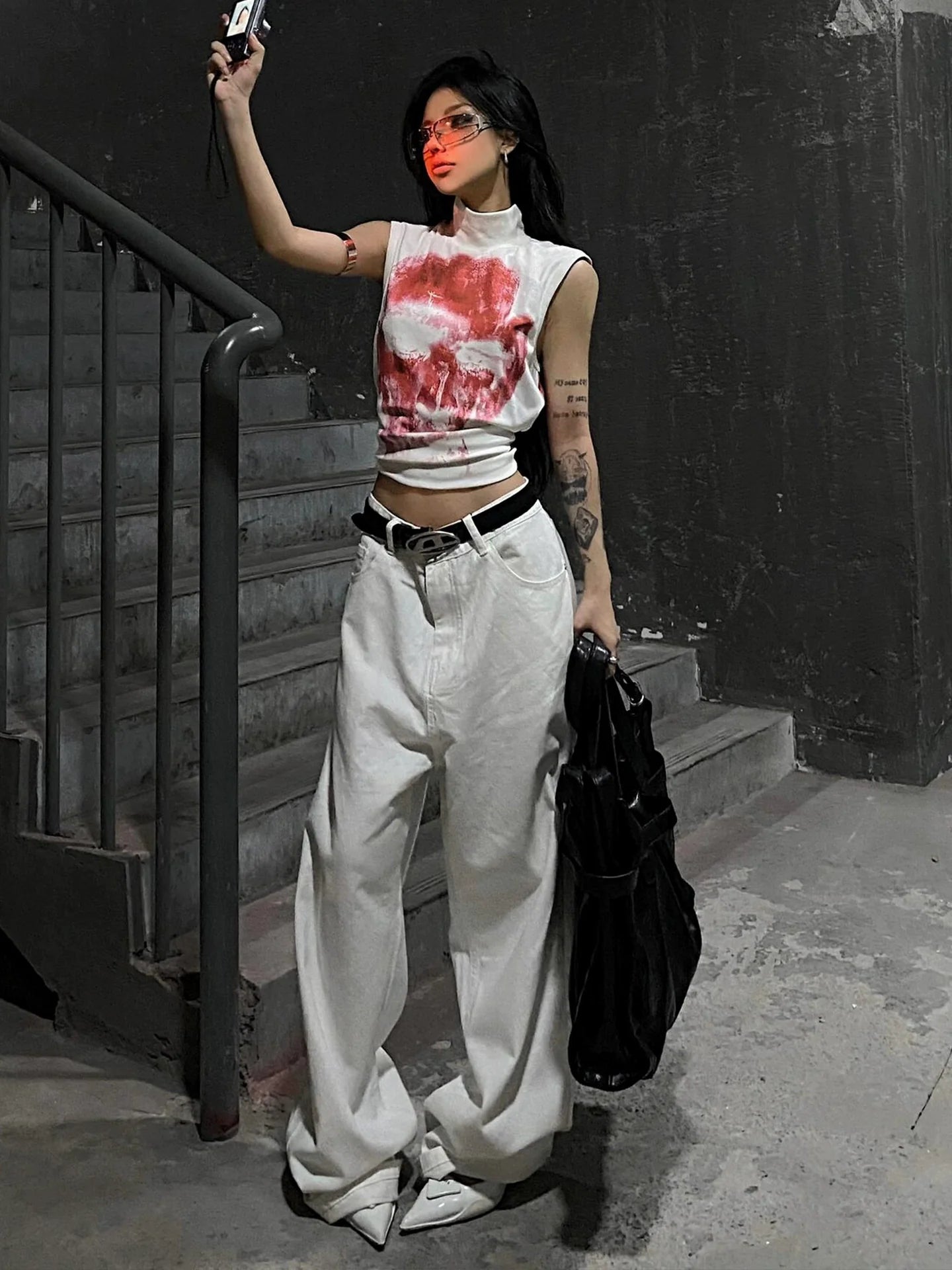 Punk Y2K White Skull Tank Top Sleeveless Cropped Subculture Tee