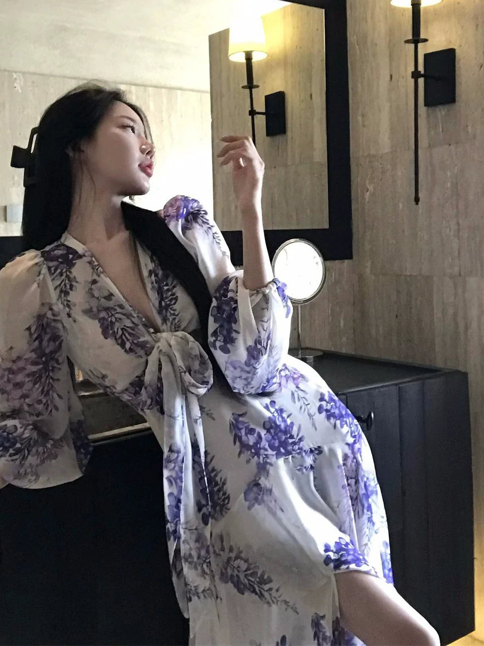 French Purple Floral Chiffon V-Neck Long-Sleeve Waist-Cinched Maxi Dress