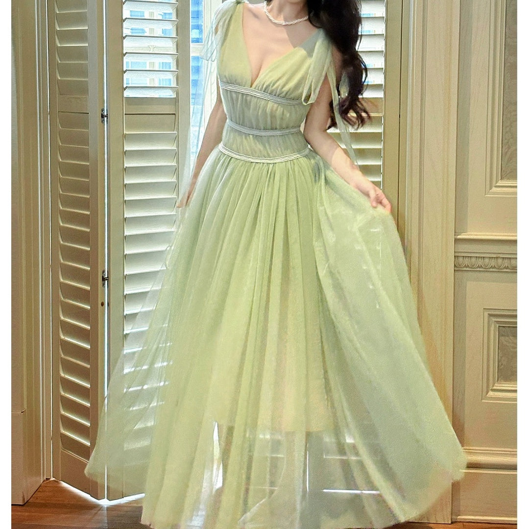 French V-Neck Green Chiffon Resort Gown Dress