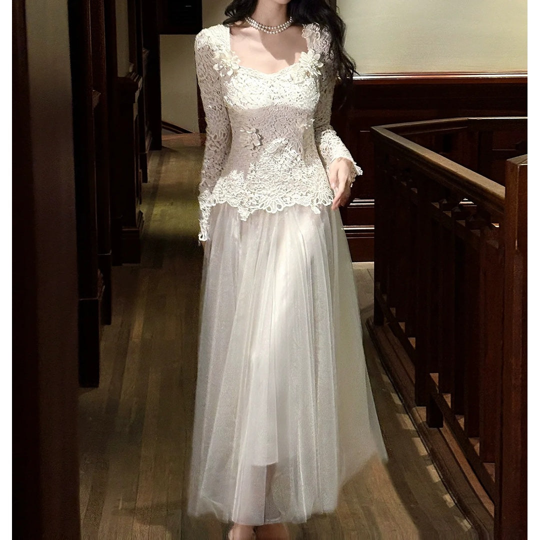 White Floral Lace Long Sleeve Gown Prom Dress