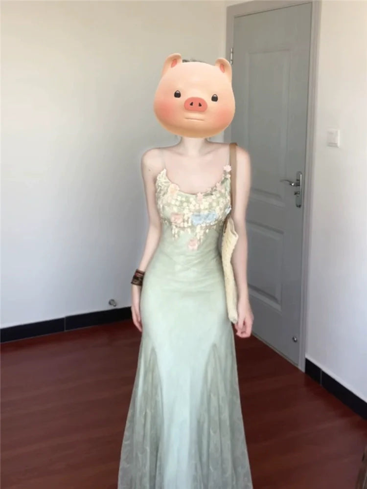 French Green Floral Lace Mesh Spaghetti-Strap Mermaid Dress