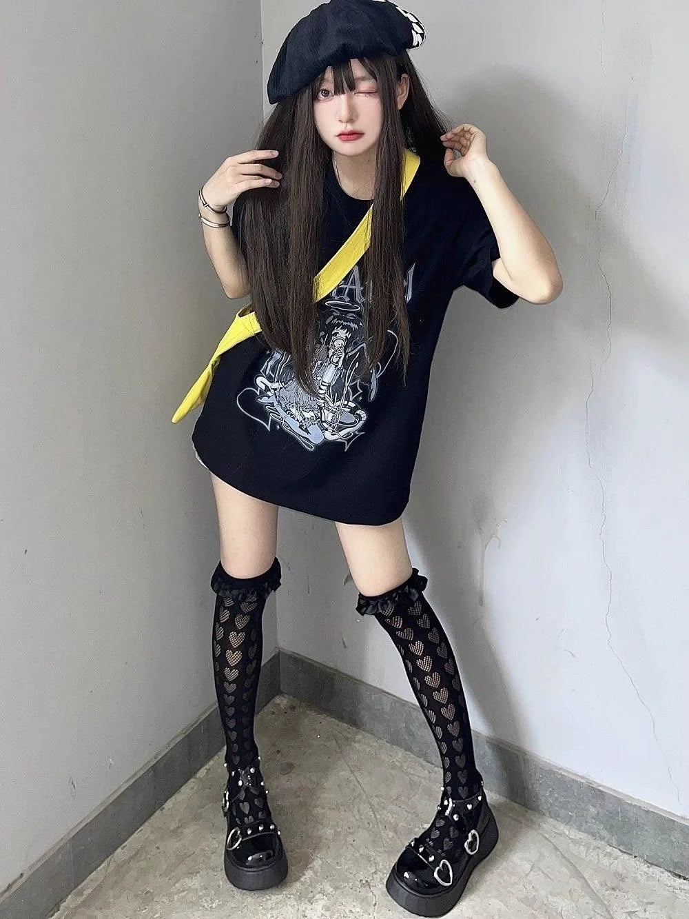 White Harajuku Cartoon Print Niche Design Oversized Y2K T-Shirt