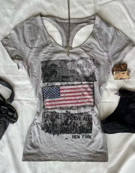 Gray Subculture Punk Y2K Abi E-girl American Retro Cutout Open-Back Print Short Sleeve Top