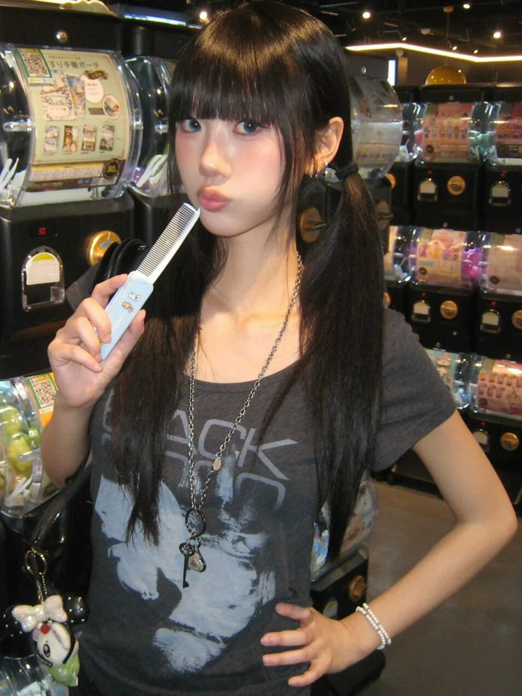 Y2K Vintage Large Neck Tee Fitted Crop Short Sleeve Top