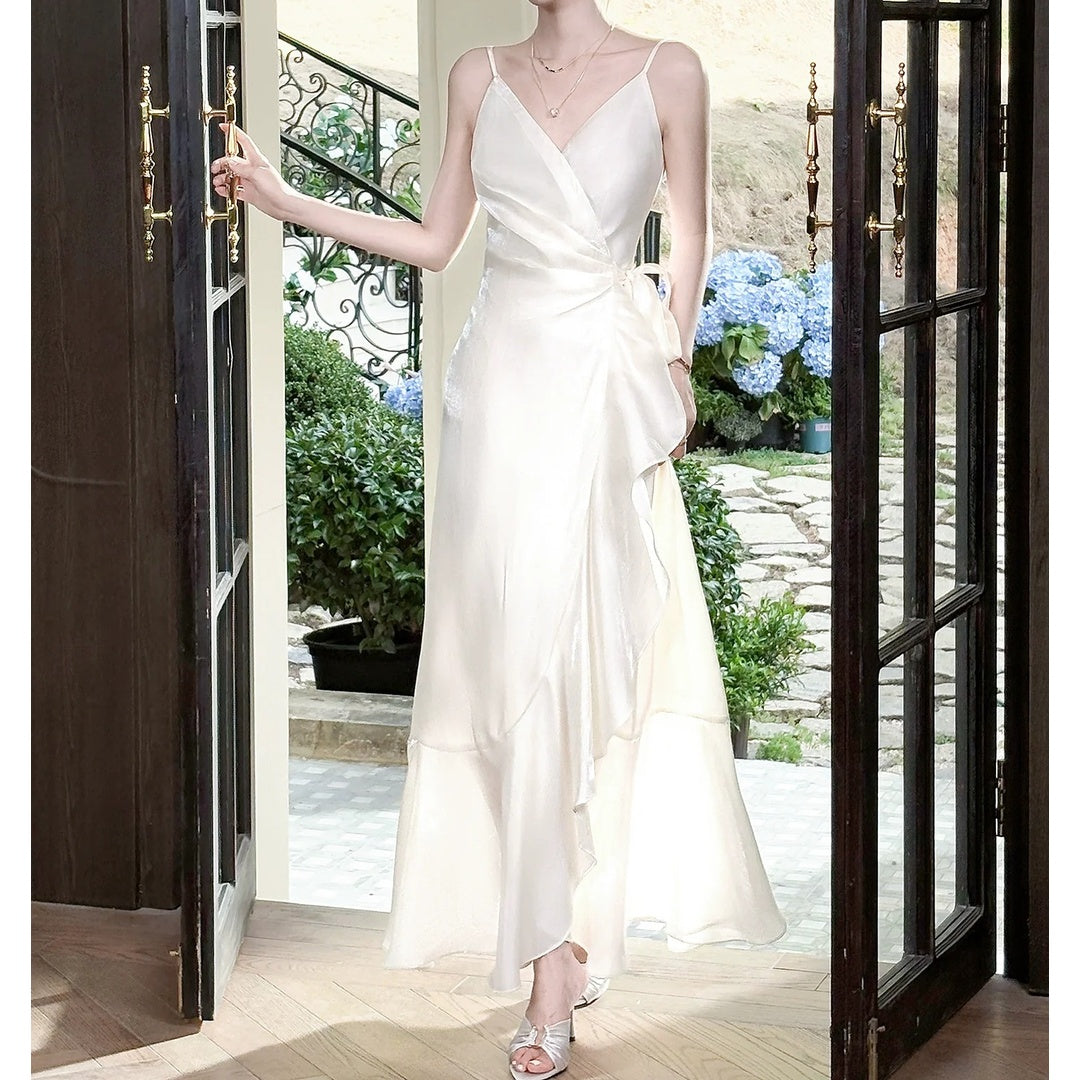 French Satin Spaghetti Gown Dress – High-End Fitted Party Dress