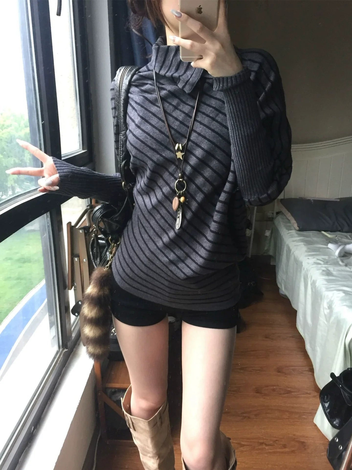 Vintage Gray Stripe Batwing Turtleneck Sweater Slim Waist Top