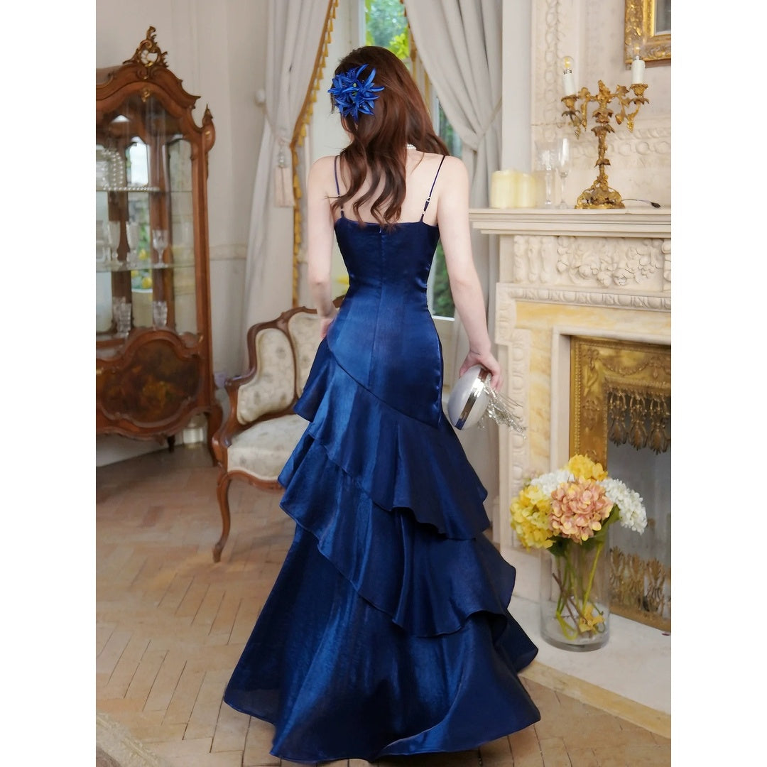 French Blue Spaghetti Strap Waist Gown Dress – Slim Fit Evening Dress