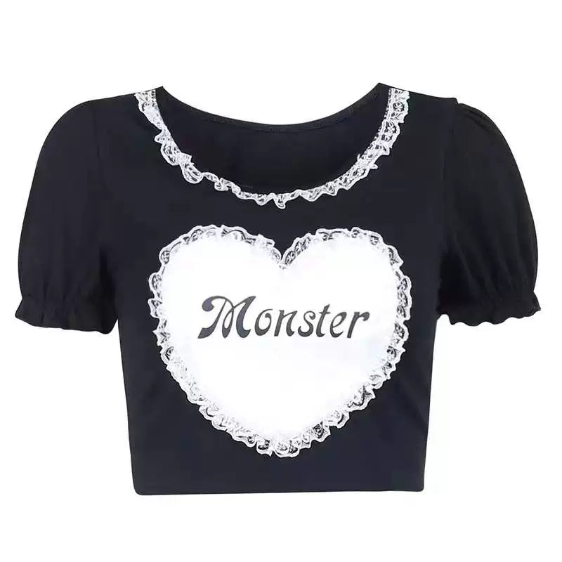 Black Subculture Punk Y2K E-girl Lace Heart Short Slim Top