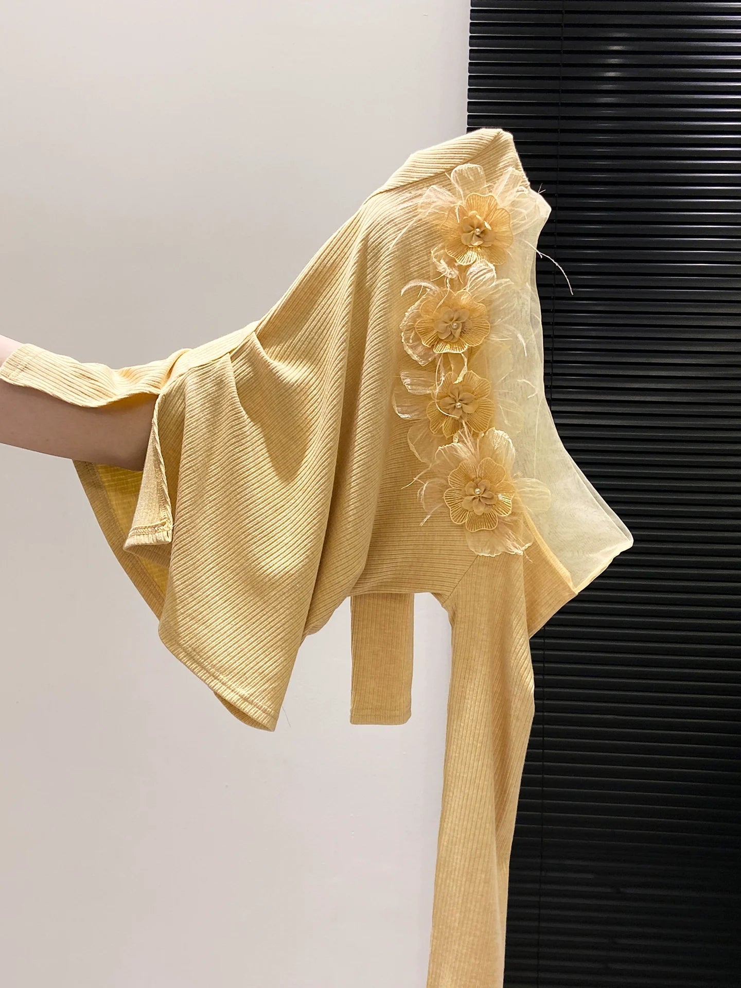 Unique Design Lace Tulle Off-The-Shoulder Long-Sleeve Fitted Base Layer Top With 3D Flowers