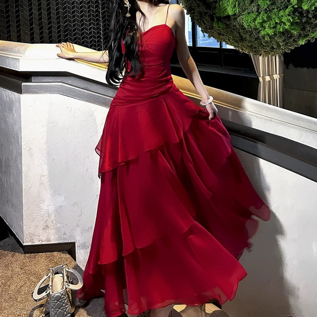 Red Ruffle Waist Gown Prom Dress