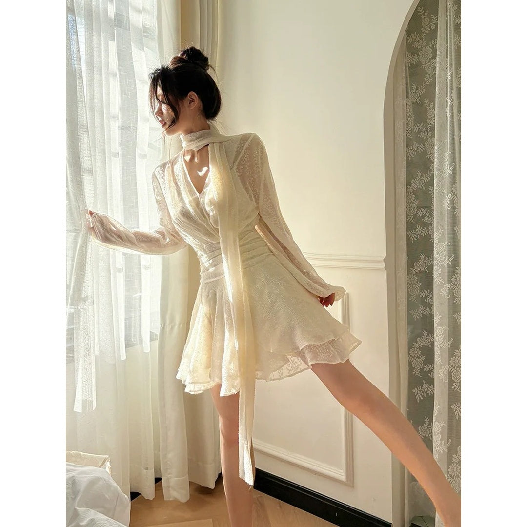 French Long Sleeve Chiffon Designer Short Dress – Spring and Summer Elegant Dress