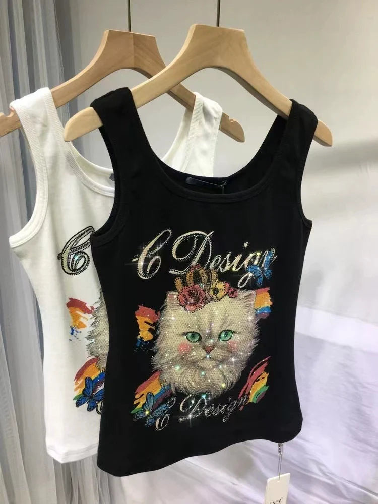 Black Punk Heavy Rhinestone Cat Y2K Tank Top