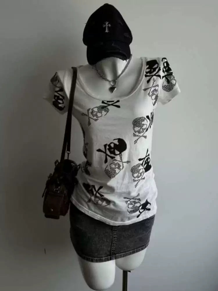 White Subculture Punk Y2K E-girl Abi American Retro Skull Print Short Sleeve Top (Style 2)
