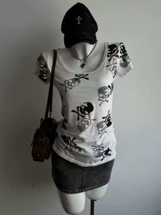 White Subculture Punk Y2K E-girl Abi American Retro Skull Print Short Sleeve Top (Style 2)