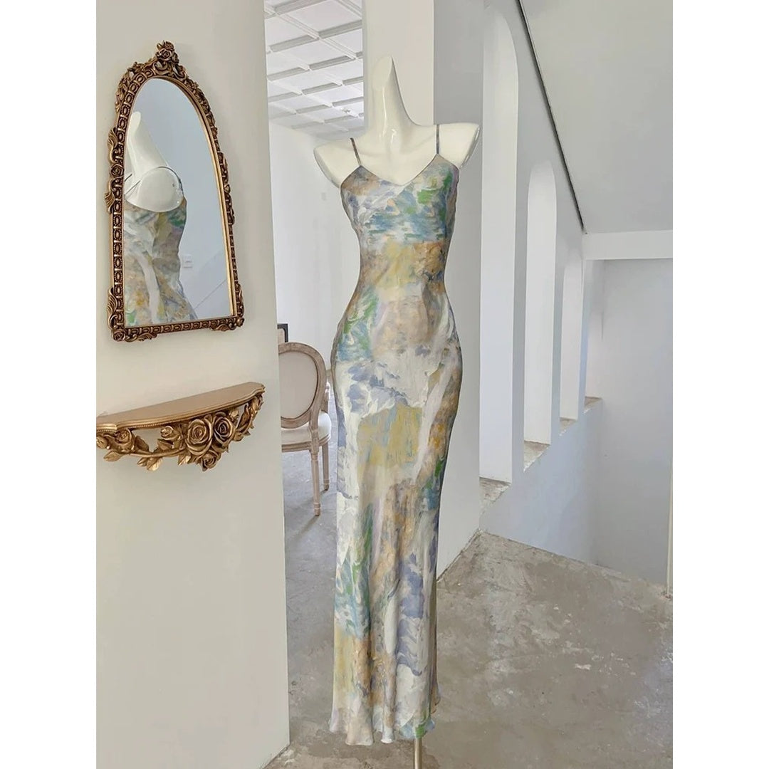 Moonlight Sea Draped Printed Spaghetti Strap Gown Dress