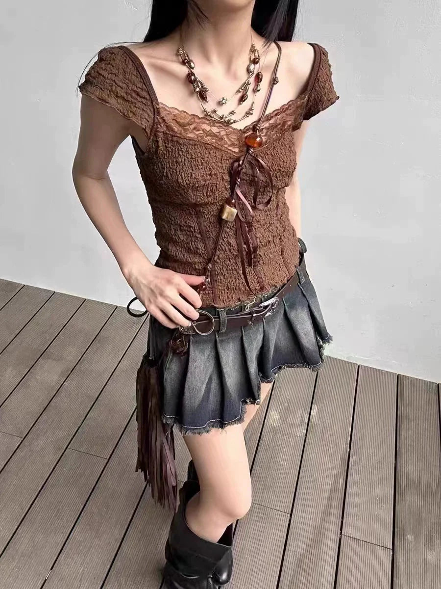 Brown Vintage Textured Lace Bow Panel Y2K T-Shirt