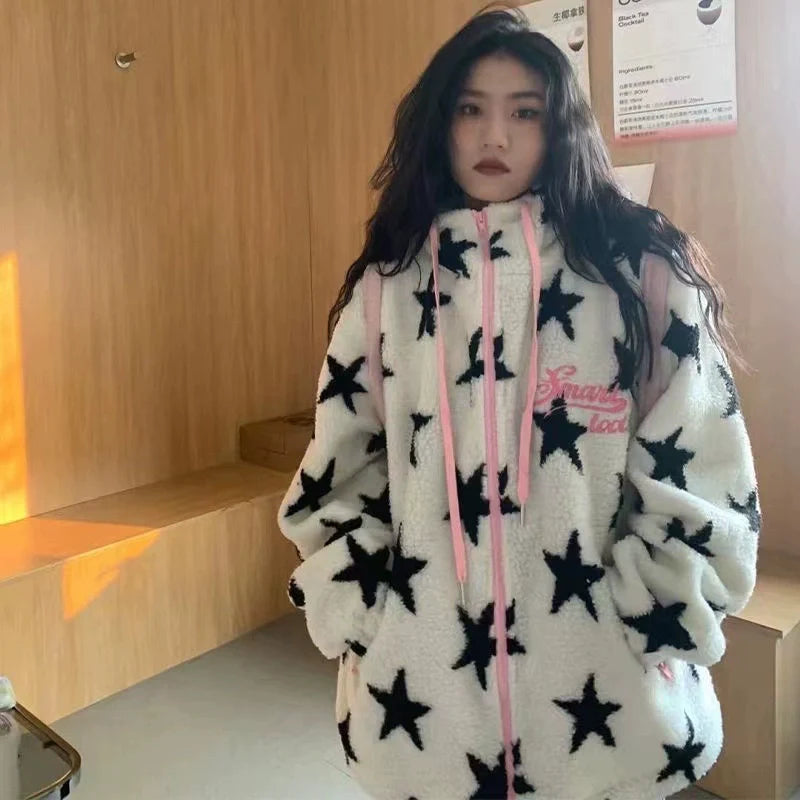 White Y2K Punk Star Lamb Fleece Hoodie