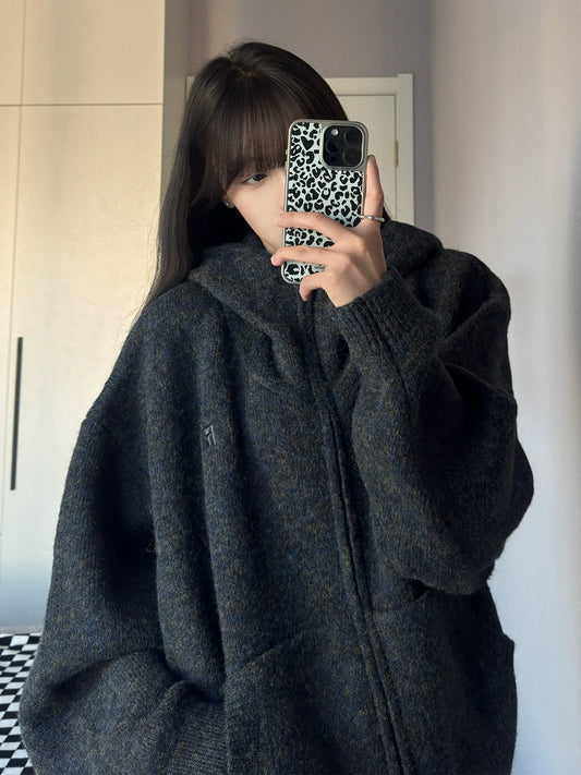 Oversized Hooded Knitted Cardigan Thick Loose Sweater Top