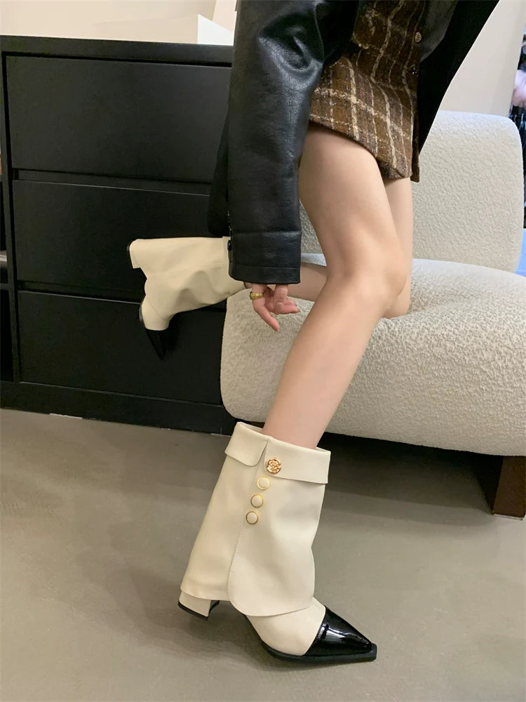 Minimalist Chic Color Block Chunky Heel Ankle Boots Women Fall Winter New Fashionable Versatile Pointed Toe Trouser High Heel Biker Boots