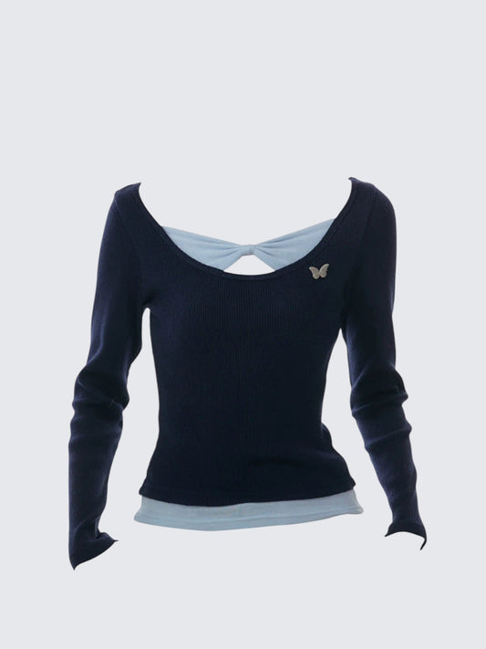 Bow Layered Knit Long Sleeve Top Women