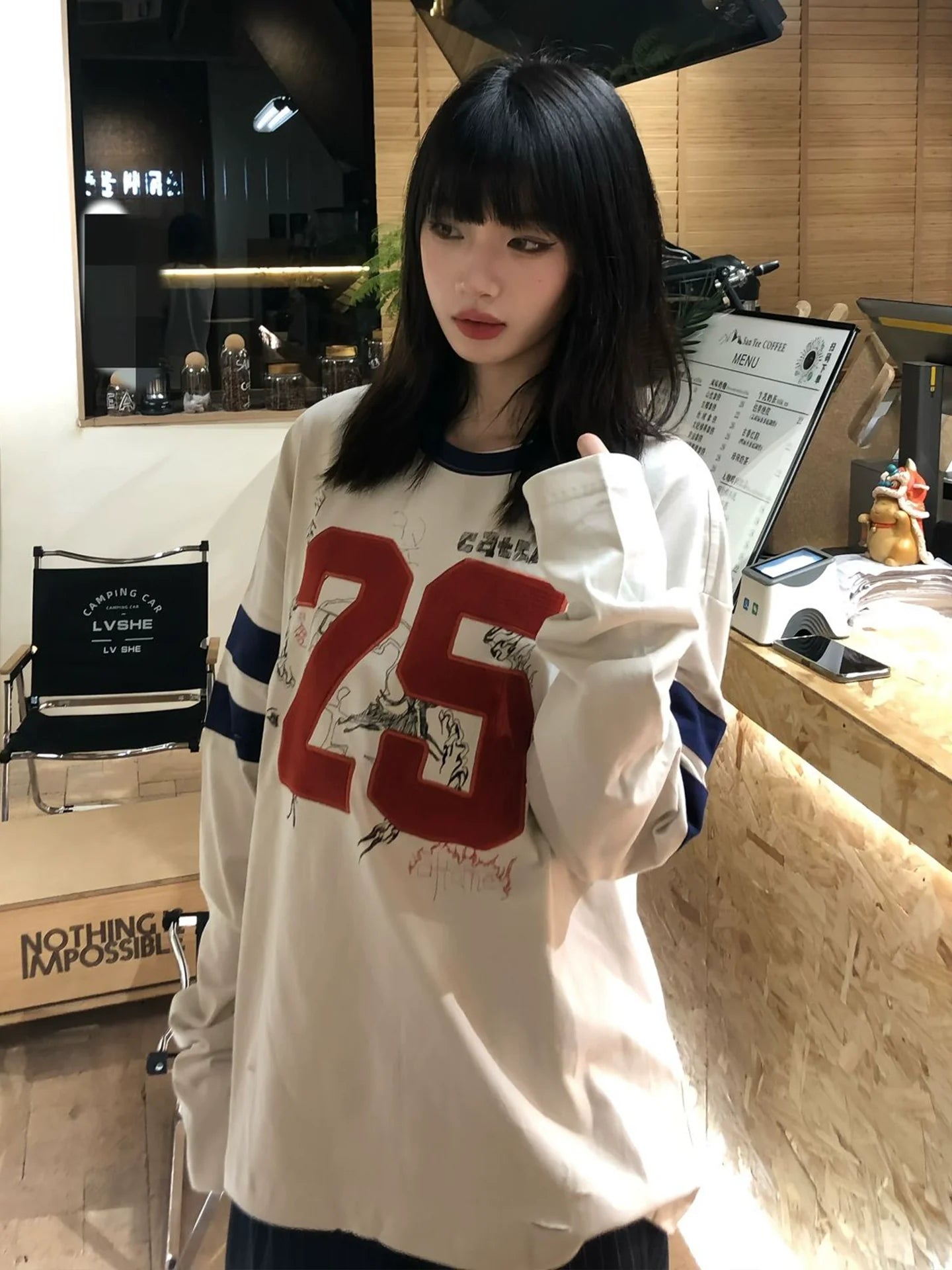 Retro Colorblock Graffiti Embroidered Long Sleeve Top