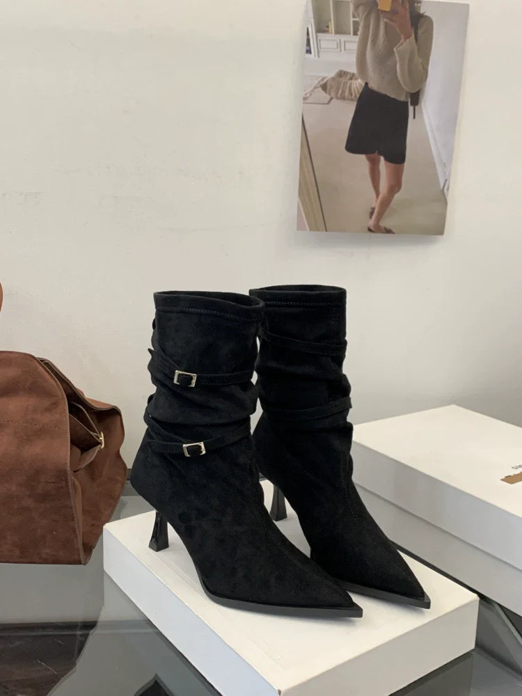 Fall Winter New French Retro Pointed Toe Thin Heel Ankle Boots Suede Slouchy Chunky Heel Western Boots