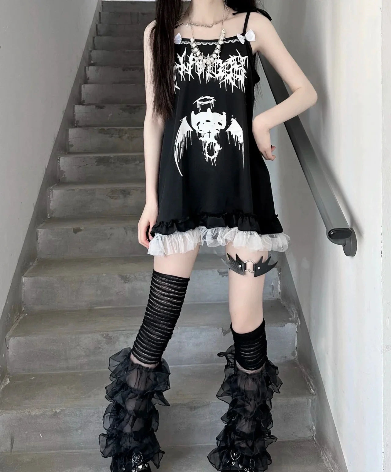 Black Demon Camisole Dress Subculture Punk Y2K E-girl Retro Lace Trimmed Summer Dress