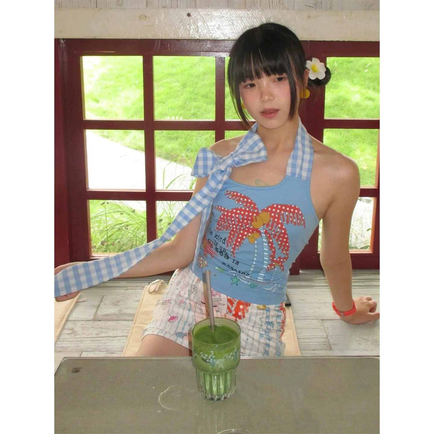 Blue Tropical Print Halter Neck Y2K Crop Top