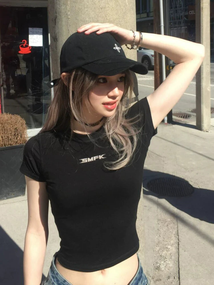 American Letter Print Fitted Crop Tee Stretch Cotton Structured Shoulder Short Sleeve Top