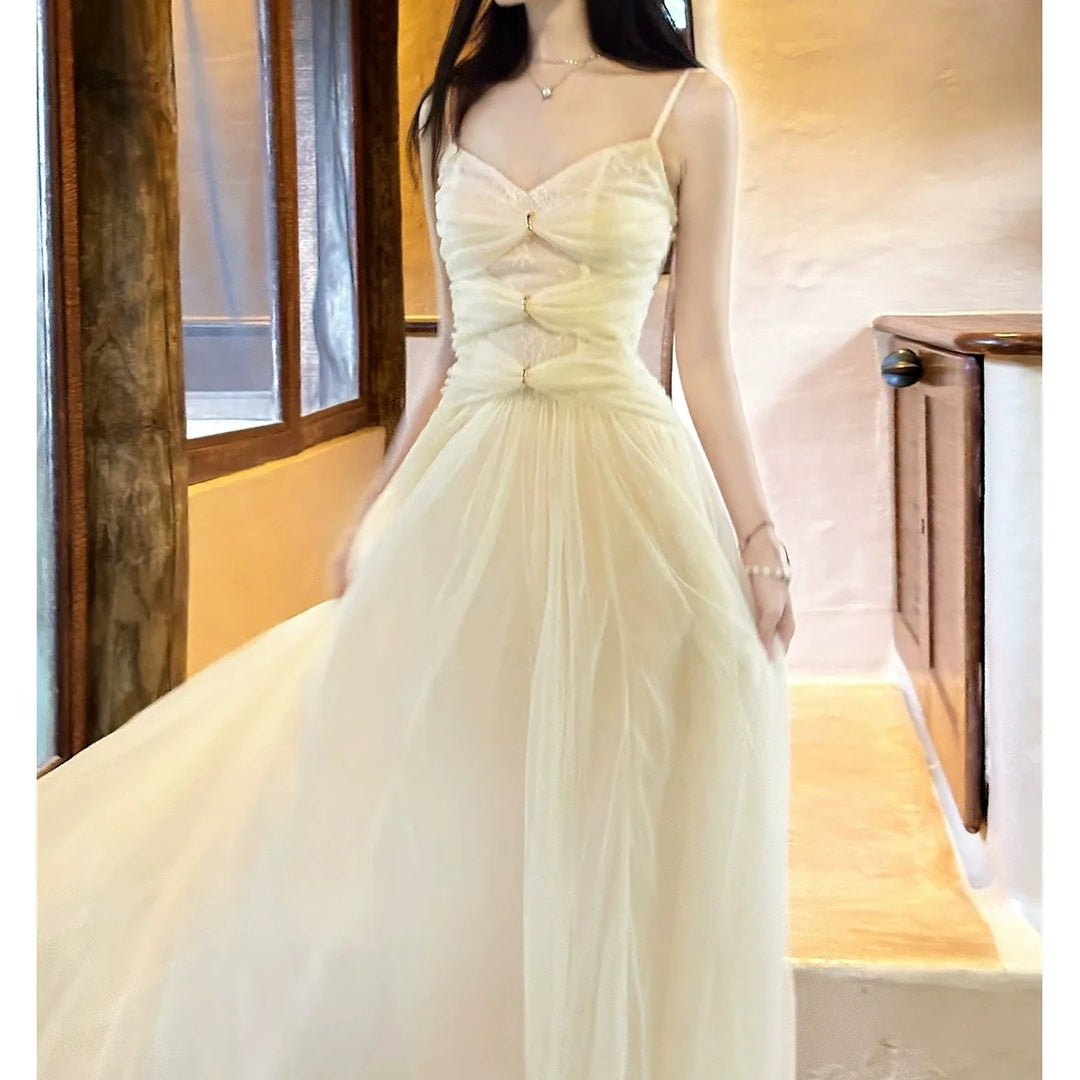 French Heavy Lace Tulle Spaghetti Strap Gown Dress