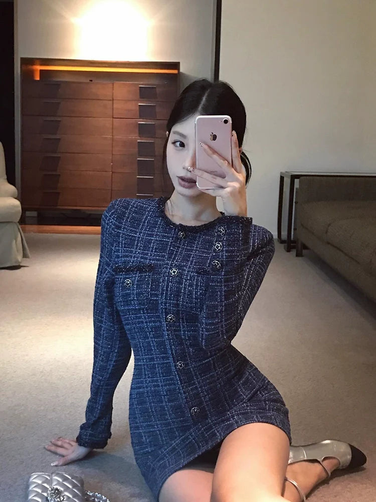 French Chic Tweed-Print Long-Sleeve Bodycon Waist-Cinched Dress
