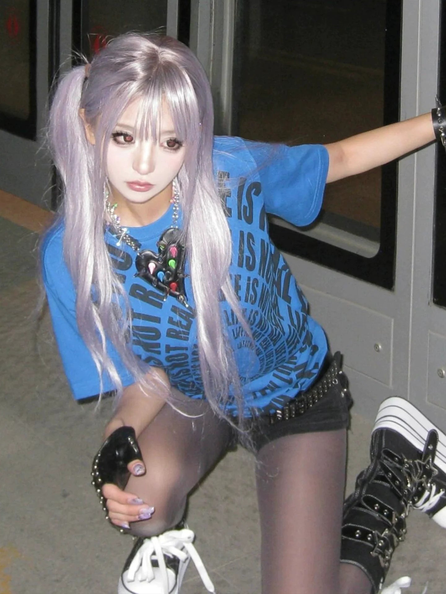 Y2K Subculture Blue Letter Print Fitted Tee Structured Shoulder Short Sleeve Top