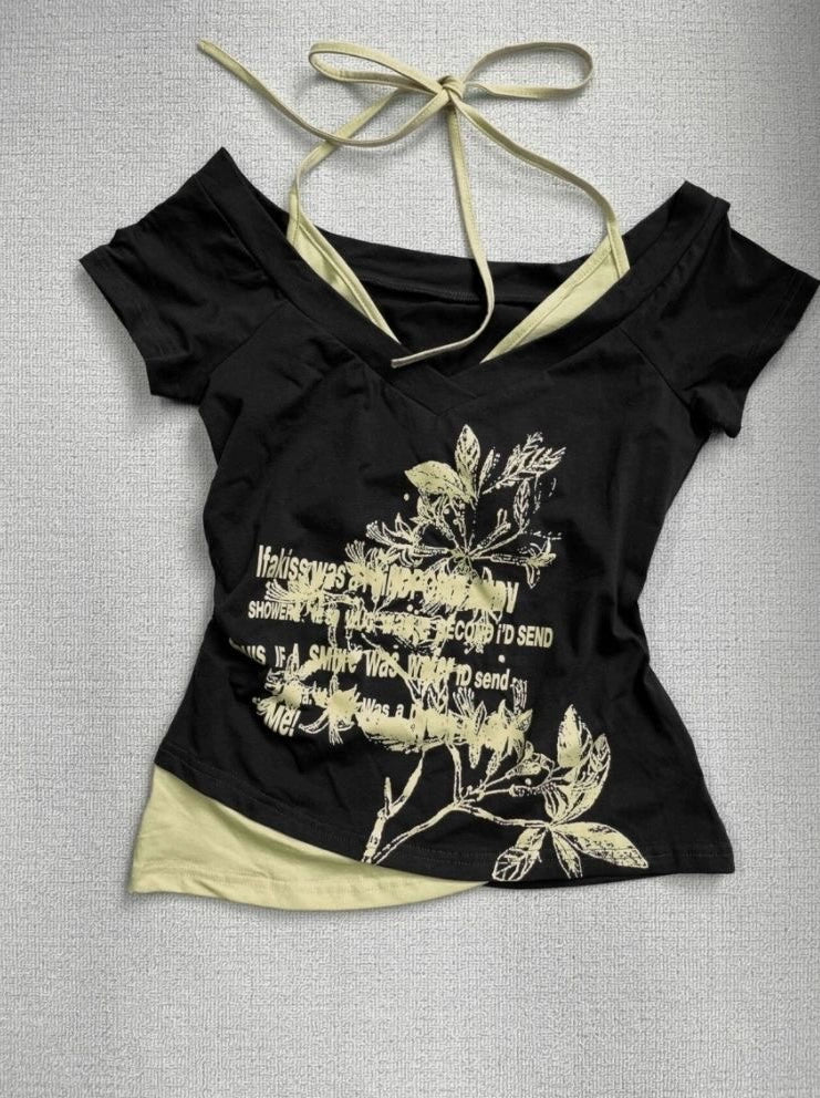 Navy Blue Original Y2K E-girl Vintage Halter Off-Shoulder Fake Two-Piece Short Sleeve Top