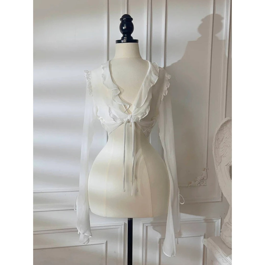 White Silk Summer Ruffle Cardigan – Lightweight Long Sleeve Top