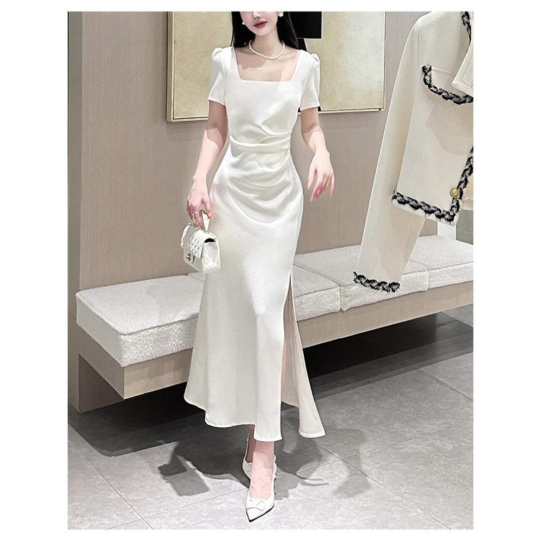 French White Short Sleeve Satin Engagement Gown Dress