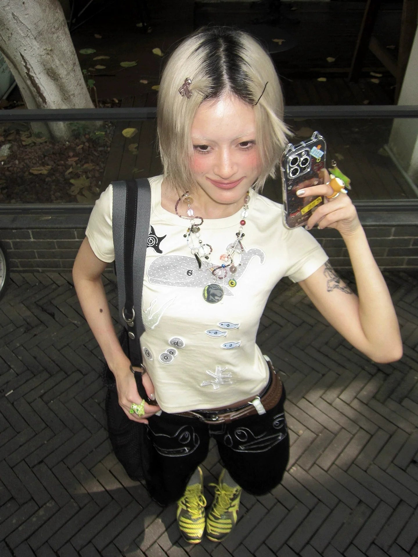 Y2K Whale Patch Embroidered Cropped Tee  Structured Shoulder Fitted Short Sleeve Top