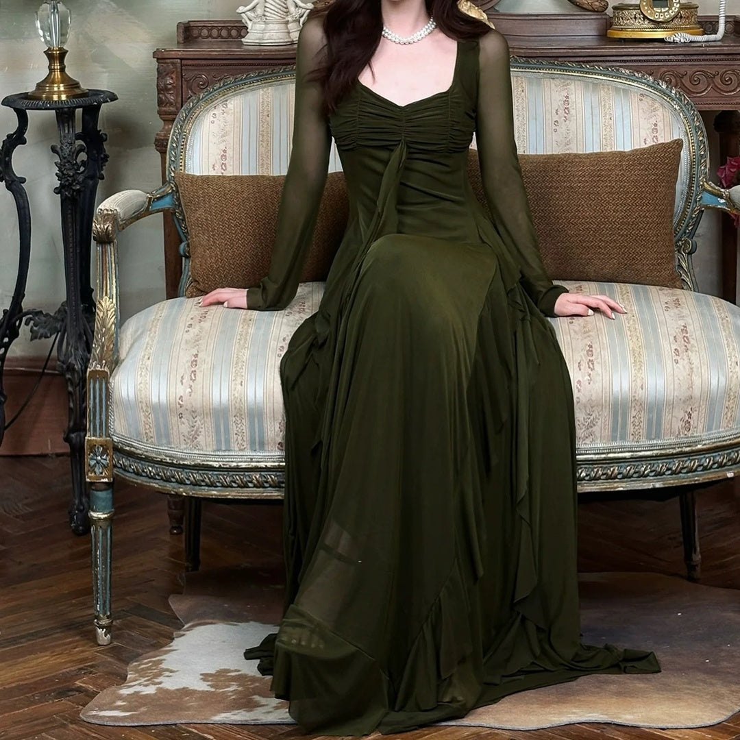 Green Long Sleeve Square Neck Gown Prom Dress