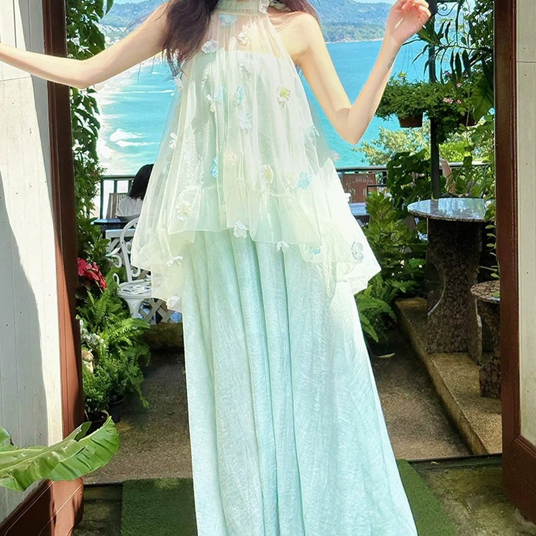 Blue 3D Flower Halter Tulle Gown Dress