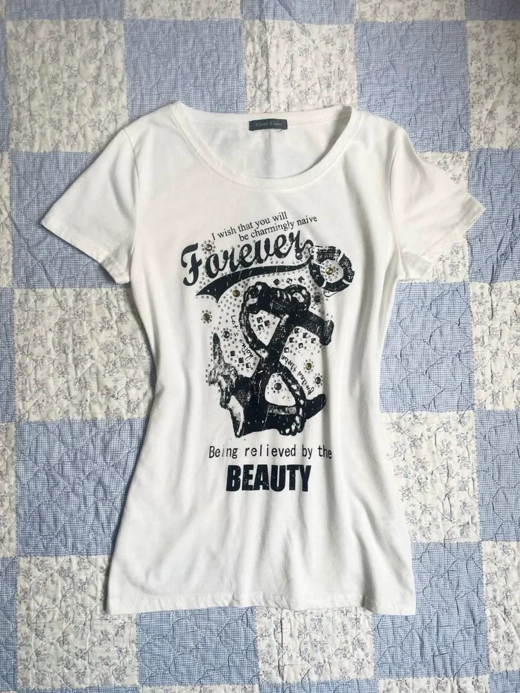 White Subculture Y2K E-girl Abi American Retro Vintage Print Waist-Cinched Short Sleeve Top