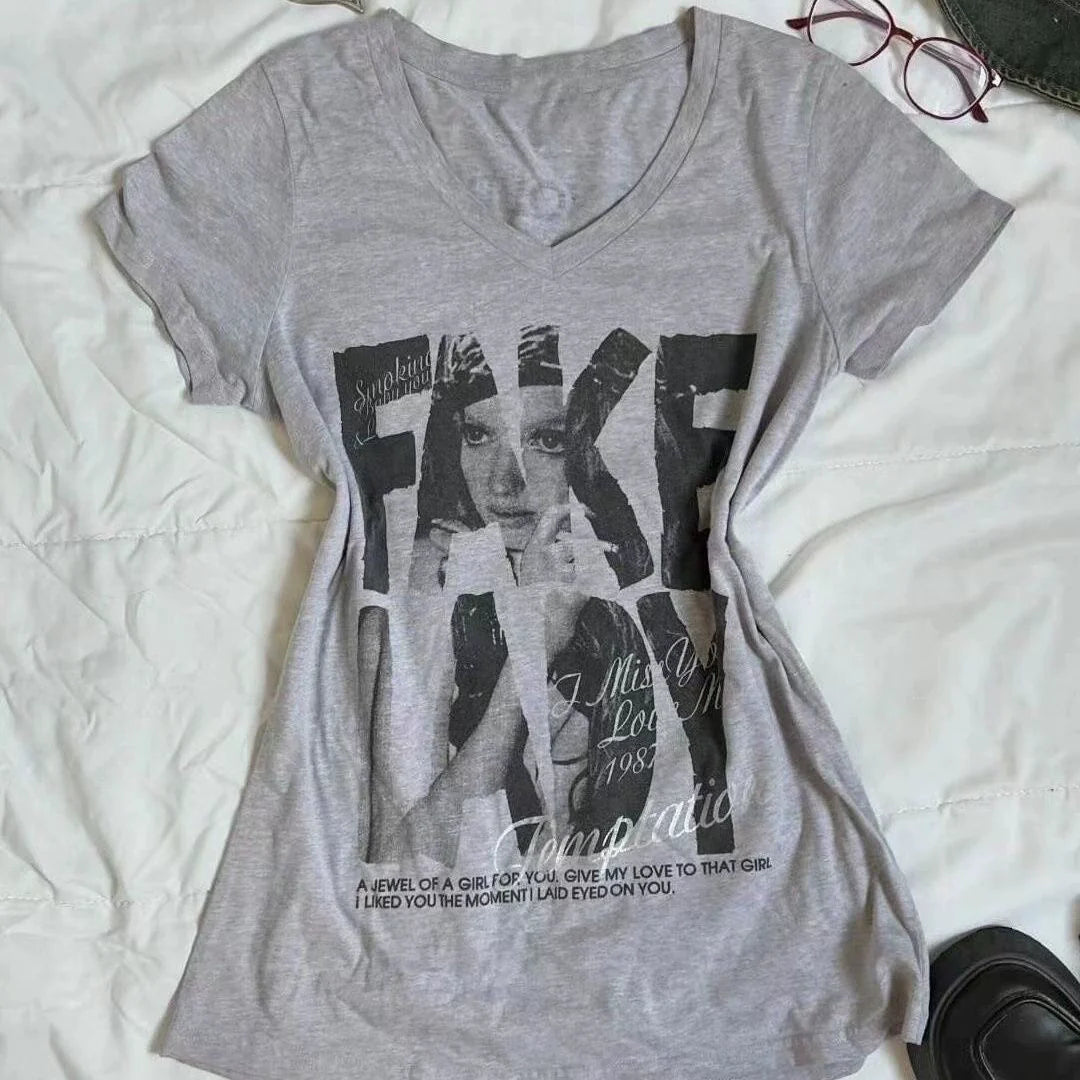 Gray Subculture Original Punk Y2K E-girl Retro V-neck Print Slim Short Sleeve Top