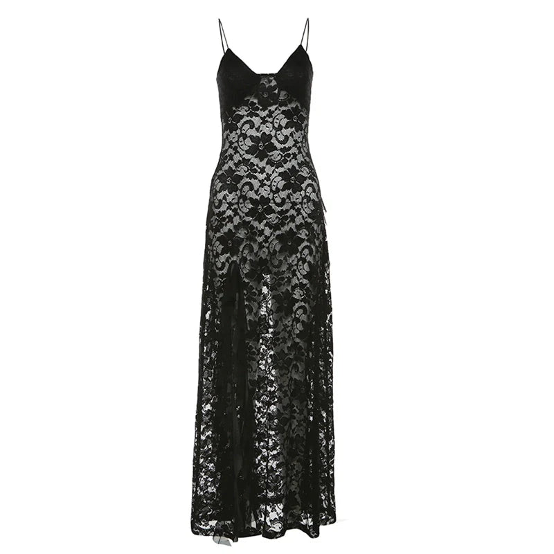 Mature Elegant Black Cutout Lace Halter Designed Slit Slimming Maxi Dress