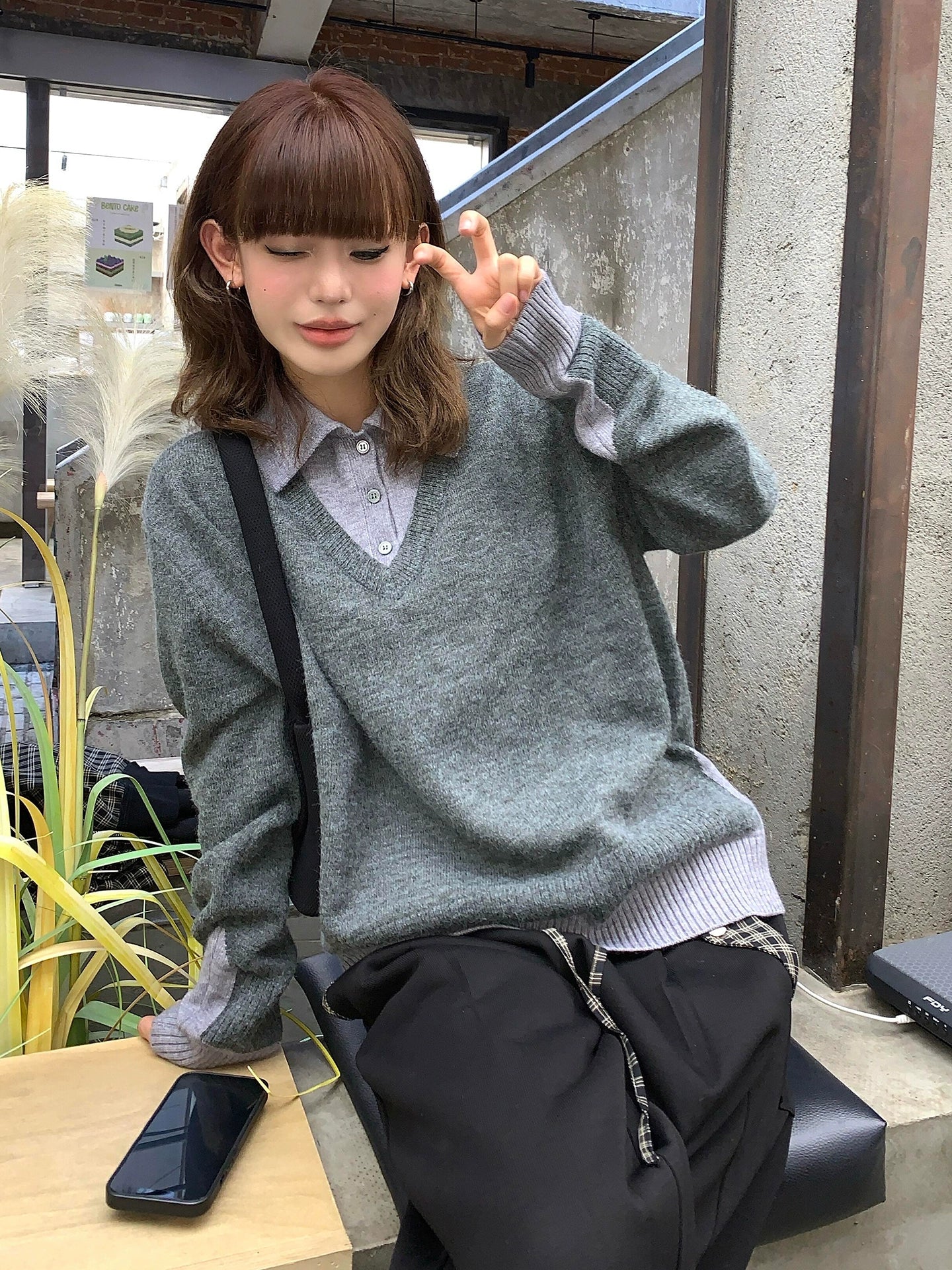 Colorblock Polo Collar Faux Layered Sweater Long Sleeve Loose Top